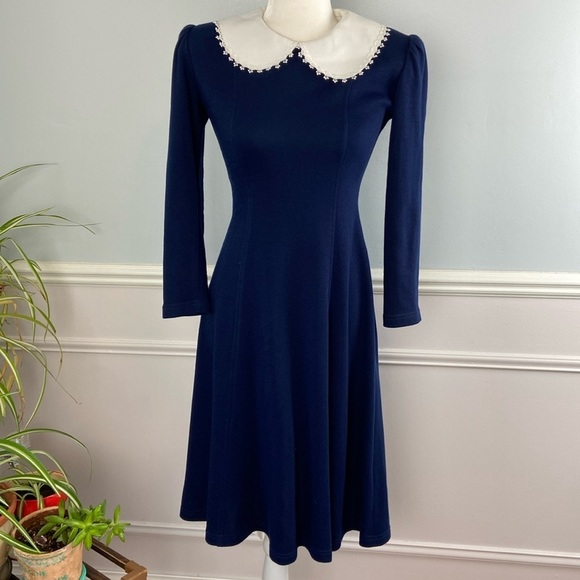 Vintage Petite Lang Midi Dress Peter Pan Collar Wednesday Addams Size 4 - Picture 4 of 14
